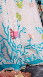 Off-White and Baby Blue Multicolor Bird Pattern Jamdani Tussar Saree